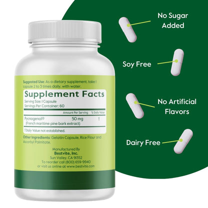 BESTVITE Pycnogenol 50mg (60 Capsules) - French Maritime Pine Bark Extract - No Stearates - Gluten Free - Non GMO