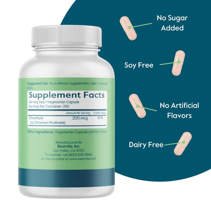 Bestvite Chromium Picolinate 200 mcg - 250 Vegetarian Capsules | Vegan, Gluten Free, Non-GMO | Pack of 2
