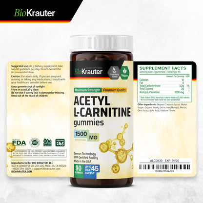 BIO KRAUTER Acetyl L Carnitine Gummies - 1500 mg - 90 Vegan Mango Chews - Pectin-Based, Non-GMO