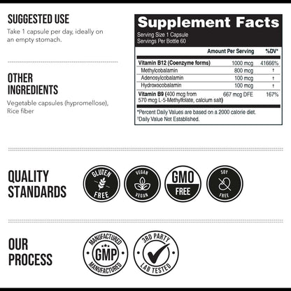 BioActive Vitamin B12 1000 mcg | All 3 BioActive Forms B12 Plus Methylfolate Cofactor - Methyl B12, Adenosyl B12 & Hydroxy B12 | Supports Energy, B12 Levels & Mood | Vegan, Non-GMO (60 Servings)