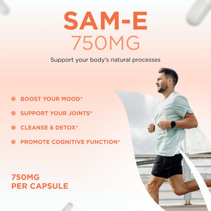 Bioactive SAM-e 750mg – High Strength S,S Form | Liver & Mood Support – Vegan, Non-GMO, Preservative Free – Made in USA | 60 Capsules