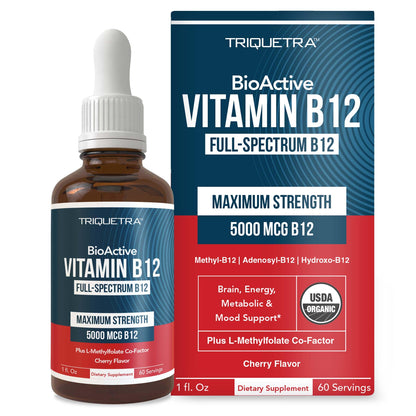 BioActive Vitamin B12 5000 mcg – 3 BioActive B12 Forms + Methylfolate | Sublingual Berry, Organic, Vegan (60 Servings)