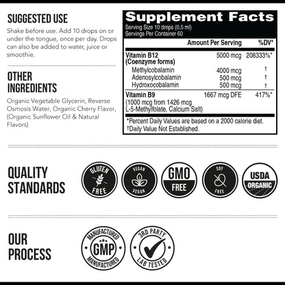 BioActive Vitamin B12 5000 mcg – 3 BioActive B12 Forms + Methylfolate | Sublingual Berry, Organic, Vegan (60 Servings)
