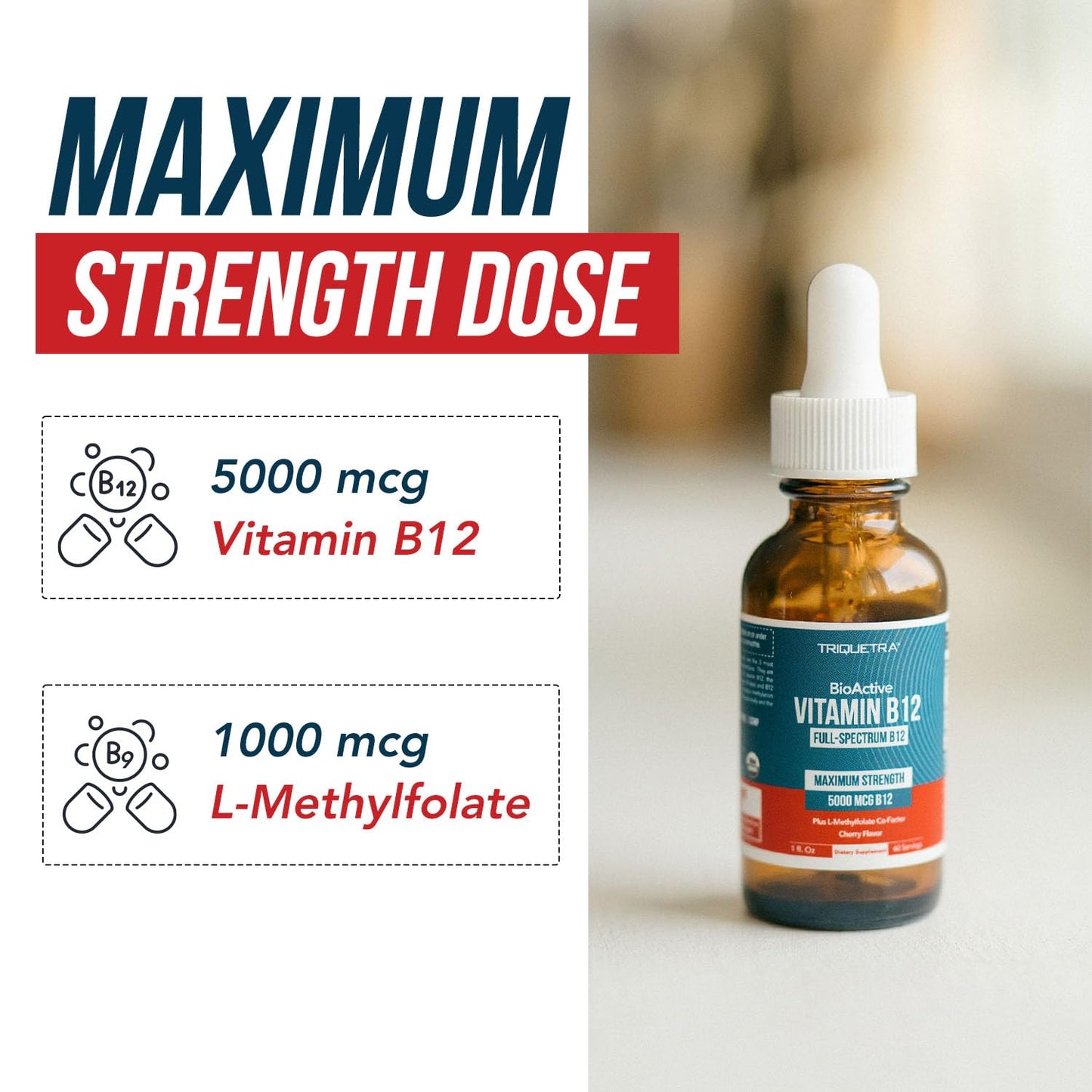 BioActive Vitamin B12 5000 mcg – 3 BioActive B12 Forms + Methylfolate | Sublingual Berry, Organic, Vegan (60 Servings)