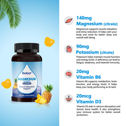 Biobor Potassium Magnesium Gummies - Electrolyte Balance, D3 & B6 (Pineapple, 60 Count)