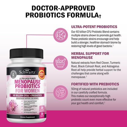 BioSchwartz Menopause Probiotics - 40 Billion CFU for Women | 30 Servings, Non-GMO