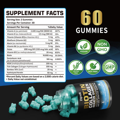 Biotin Collagen Gummies – Hair, Skin & Nails Vitamins | 60 Gummies