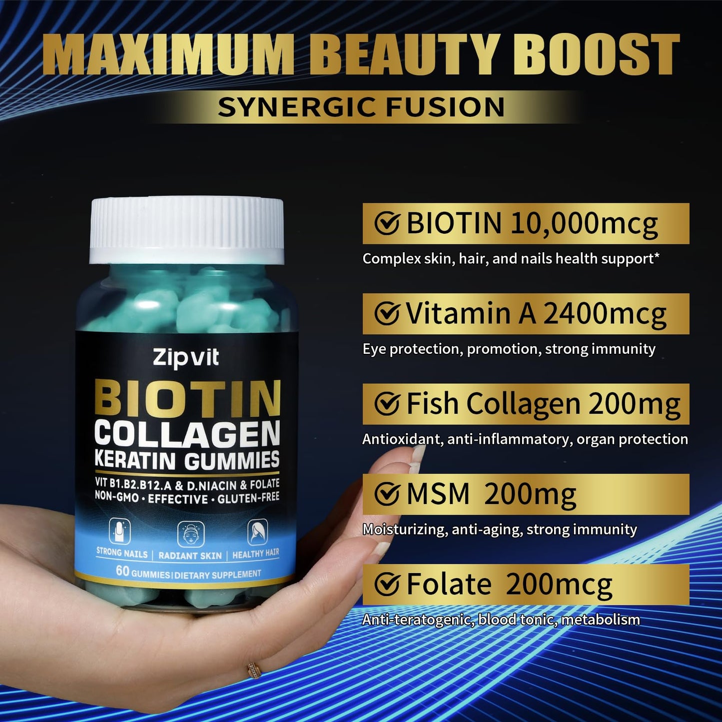 Biotin Collagen Gummies – Hair, Skin & Nails Vitamins | 60 Gummies