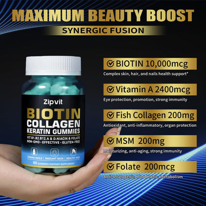 Biotin Collagen Gummies – Hair, Skin & Nails Vitamins | 60 Gummies