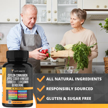Ceylon Cinnamon Capsules + Apple Cider Vinegar – Turmeric 3000mg, Berberine 1200mg, 60 Count