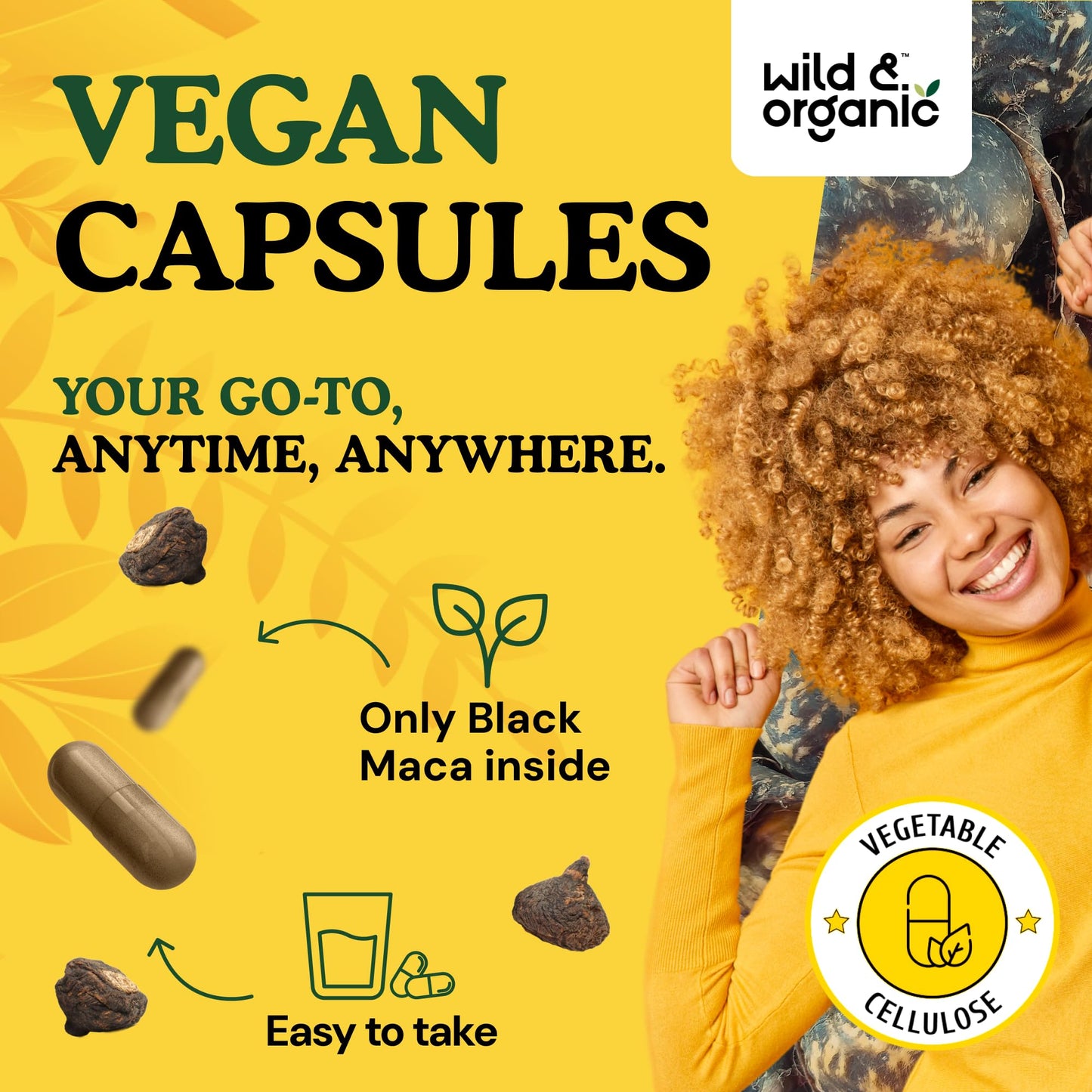 Wild & Organic Black Maca Root Capsules 500 mg – 60 Veg Caps, Non-GMO, Gluten-Free