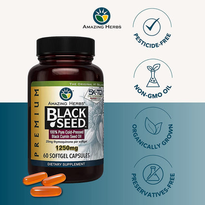 Amazing Herbs Premium Black Seed Oil Capsules - 1250mg, Cold-Pressed Nigella Sativa, 60 Count (Pack of 2)