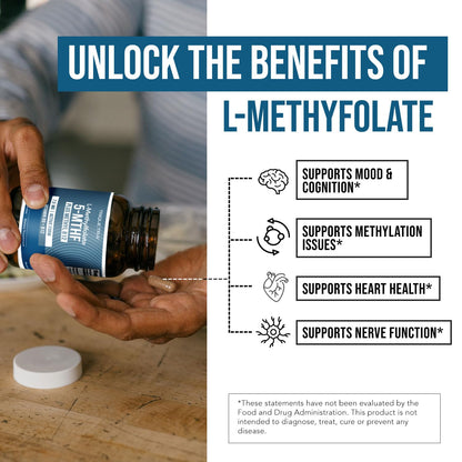 L Methylfolate 7.5mg + Methyl B12 (5-MTHF) - MTHFR Supplement - Bloodstream Ready Folate + B12 Cofactor - 60 Capsules