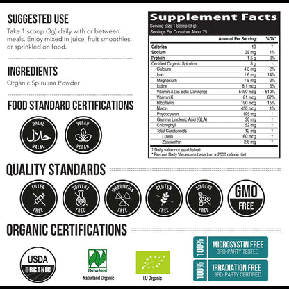 Organic Spirulina Powder – Parry Organic Spirulina | 8 oz, 75 Servings – Vegan, Non-Irradiated
