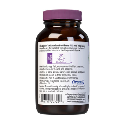 Bluebonnet Nutrition Chromium Picolinate 500 mcg – 100 Vcaps, Non-GMO, Vegan, Kosher