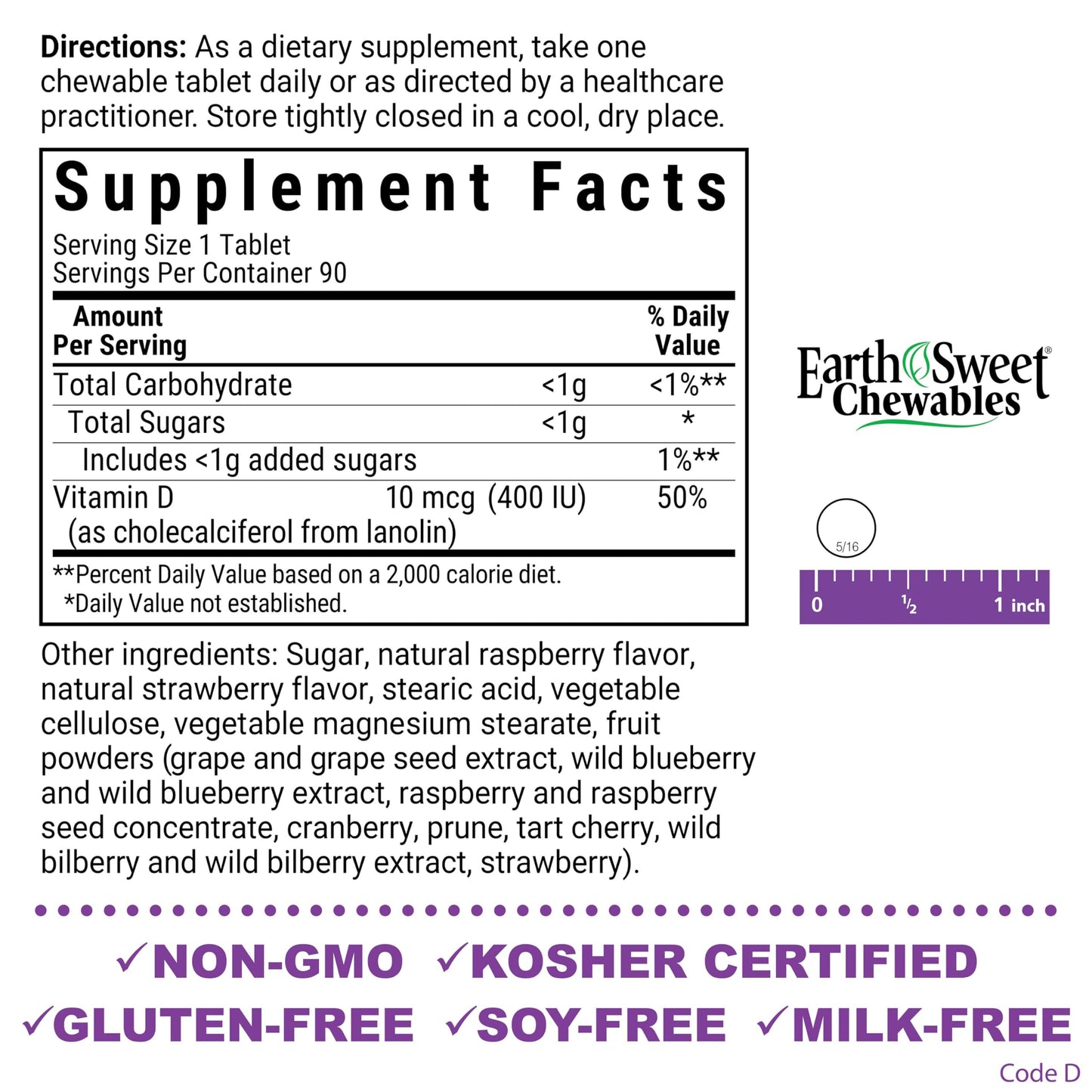 BlueBonnet EarthSweet Vitamin D3 400 IU Chewable, 90 CT – 2 Pack