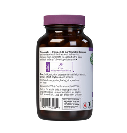 Bluebonnet L-Arginine 500 mg – Free-Form, Nitric Oxide Precursor, Vegan & Gluten-Free | 100 Capsules