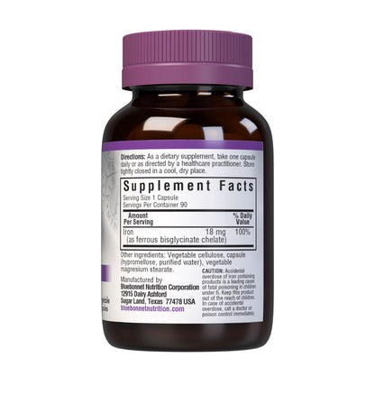 Bluebonnet Chelated Iron 18 mg - Non-Constipating, Vegan, Kosher, Gluten-Free | Pack of 2 (180 capsules)