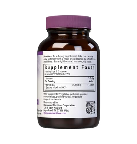 Bluebonnet Vitamin B6 200 mg Veg Capsules – 90 Servings | Vegan, Non-GMO, Gluten-Free