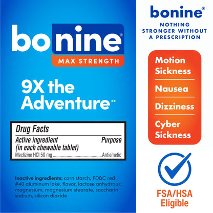 Bonine MAX Chewable for Motion Sickness Relief – Peppermint, 50 mg Meclizine HCl, 32 Chews (Pack of 2)