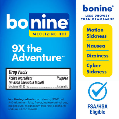 Bonine Non-Drowsy Motion Sickness Relief – 32 Raspberry Chewables (25mg Meclizine) Pack of 2