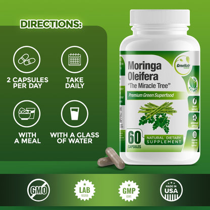 Pure Moringa Oleifera Green Superfood Capsules – Organic, Non-GMO, 60 Capsules