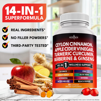 Ceylon Cinnamon Turmeric Apple Cider Vinegar Ginseng Aloe Vera Berberine Banaba Ginger Root - 120 Count
