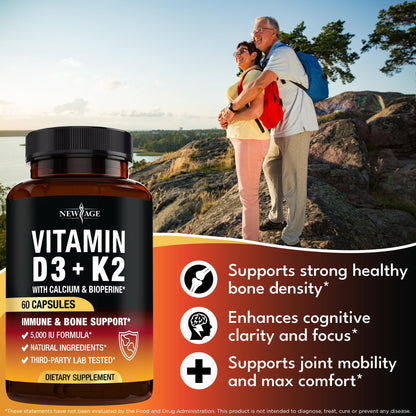 Vitamin D3 5000 IU + K2 MK-7 100 mcg – 2-in-1 Bone, Immune & Heart Support
