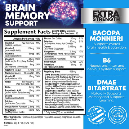 Brain Memory Supplement Pills – 3X Strength Nootropics for Focus (180 Capsules) | Bacopa, Phosphatidylserine & DMAE