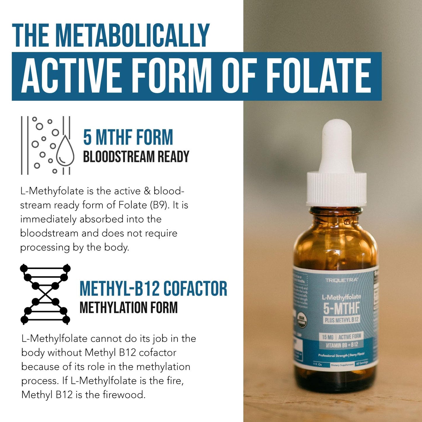 L-Methyl Folate 15mg + Methyl B12 Cofactor – Organic Berry Flavor, High Potency Liquid Sublingual 5-MTHF Calcium Salt | Supports Mood, Methylation & Cognition (1oz)