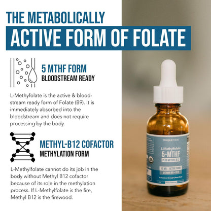 L-Methyl Folate 15mg + Methyl B12 Cofactor – Organic Berry Flavor, High Potency Liquid Sublingual 5-MTHF Calcium Salt | Supports Mood, Methylation & Cognition (1oz)