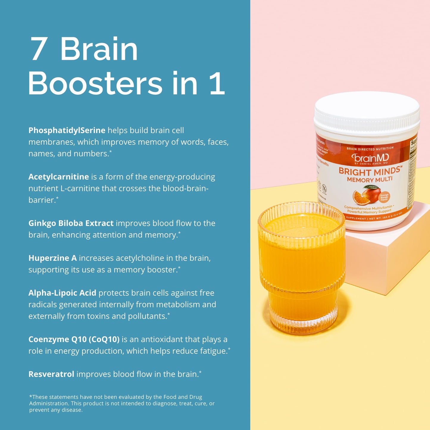 BrainMD BRIGHT MINDS Memory Multi Powder - Orange Mango | Multivitamin & Memory Support