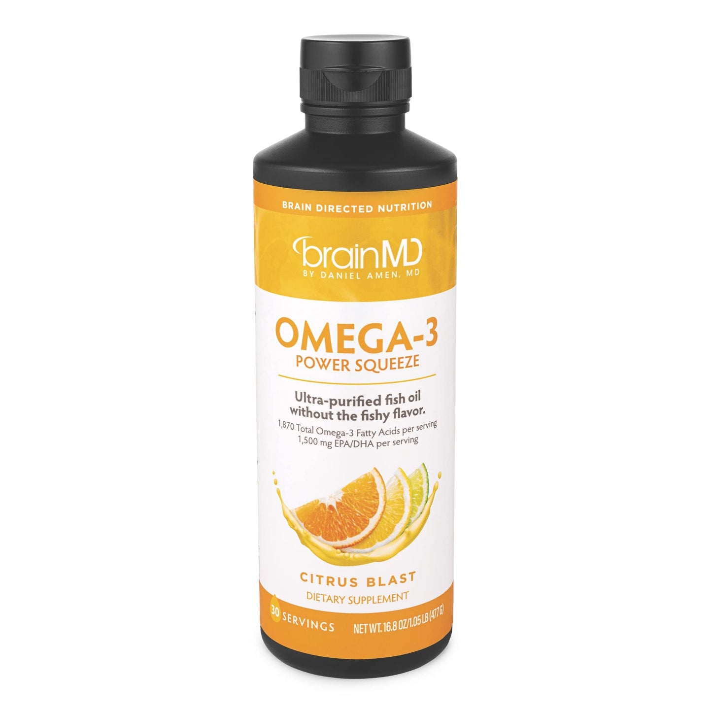 BRAINMD Dr Amen Omega-3 Power Squeeze Citrus Blast – 16.8 oz | Supports Heart, Brain & Immune Health | Gluten Free | 30 Servings