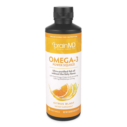 BRAINMD Dr Amen Omega-3 Power Squeeze Citrus Blast – 16.8 oz | Supports Heart, Brain & Immune Health | Gluten Free | 30 Servings