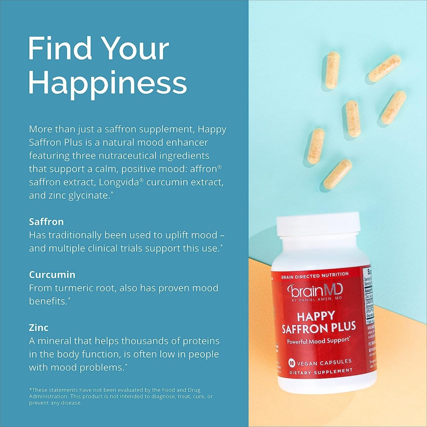 Dr Amen BrainMD Happy Saffron Plus – 2x90 Capsules | Saffron Flower Extract, Curcumin & Zinc | Vegan, Gluten Free | 60 Total Servings