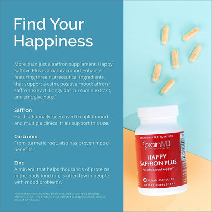 Dr Amen BrainMD Happy Saffron Plus – 2x90 Capsules | Saffron Flower Extract, Curcumin & Zinc | Vegan, Gluten Free | 60 Total Servings