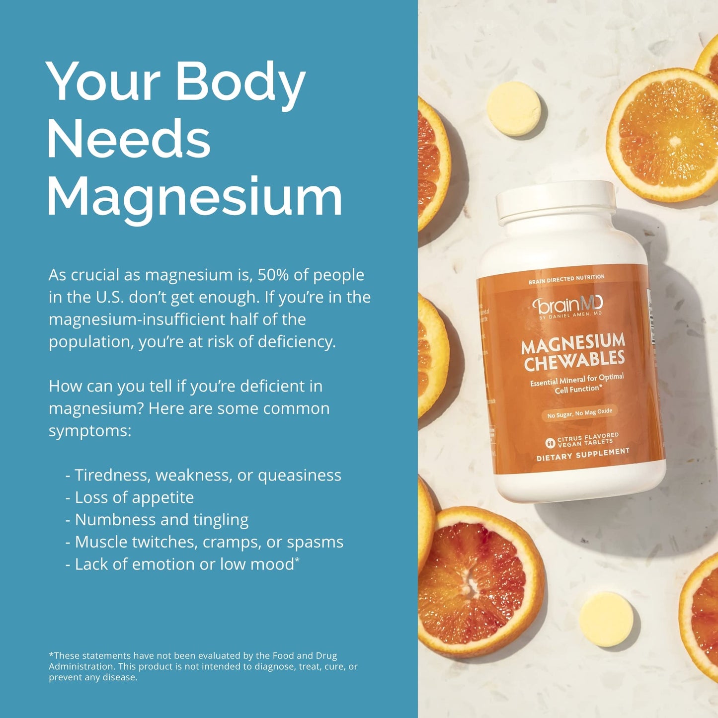 BrainMD Magnesium Chewables Citrus - 60 Tablets - Supports Memory & Focus - Gluten Free