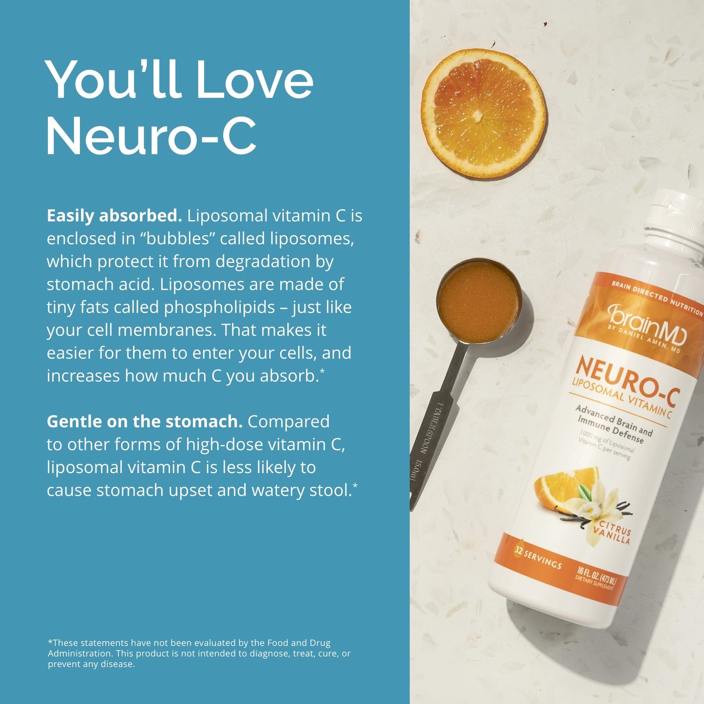 BRAINMD Neuro-C Citrus Vanilla Liposomal Vitamin C - 16 fl oz - 1000 mg (32 Servings)