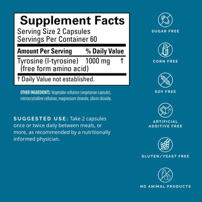 Dr Amen BrainMD Tyrosine - 120 Capsules for Focus, Clarity & Alertness - Gluten Free - 60 Servings