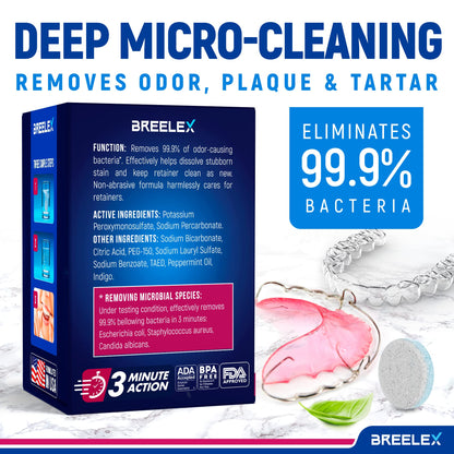 Breelex Denture Cleaning Tablets - 120 Retainer Cleaner Tablets for Aligner, Mouth & Night Guard - FSA HSA Approved Products - Dental Cleanser for Nightguard - Fresh in 3 Minute - Denture Cleaner