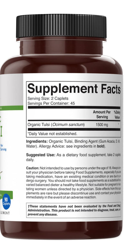 Brieofood Organic Tulsi 1500mg – 90 Vegetarian Tablets | Gluten Free, 45 Servings