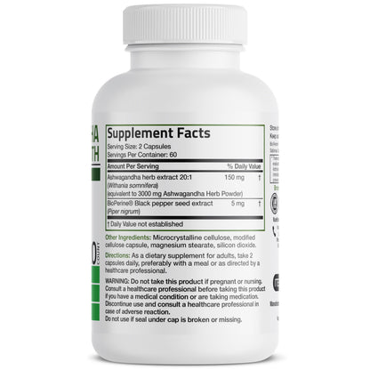 Bronson Ashwagandha Extra Strength – Stress & Mood Support with BioPerine, 120 Vegetarian Capsules