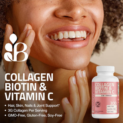 Bronson Collagen Peptides 3000mg with Biotin & Vitamin C - Hair, Skin & Nails Support | Non-GMO | 150 Tablets