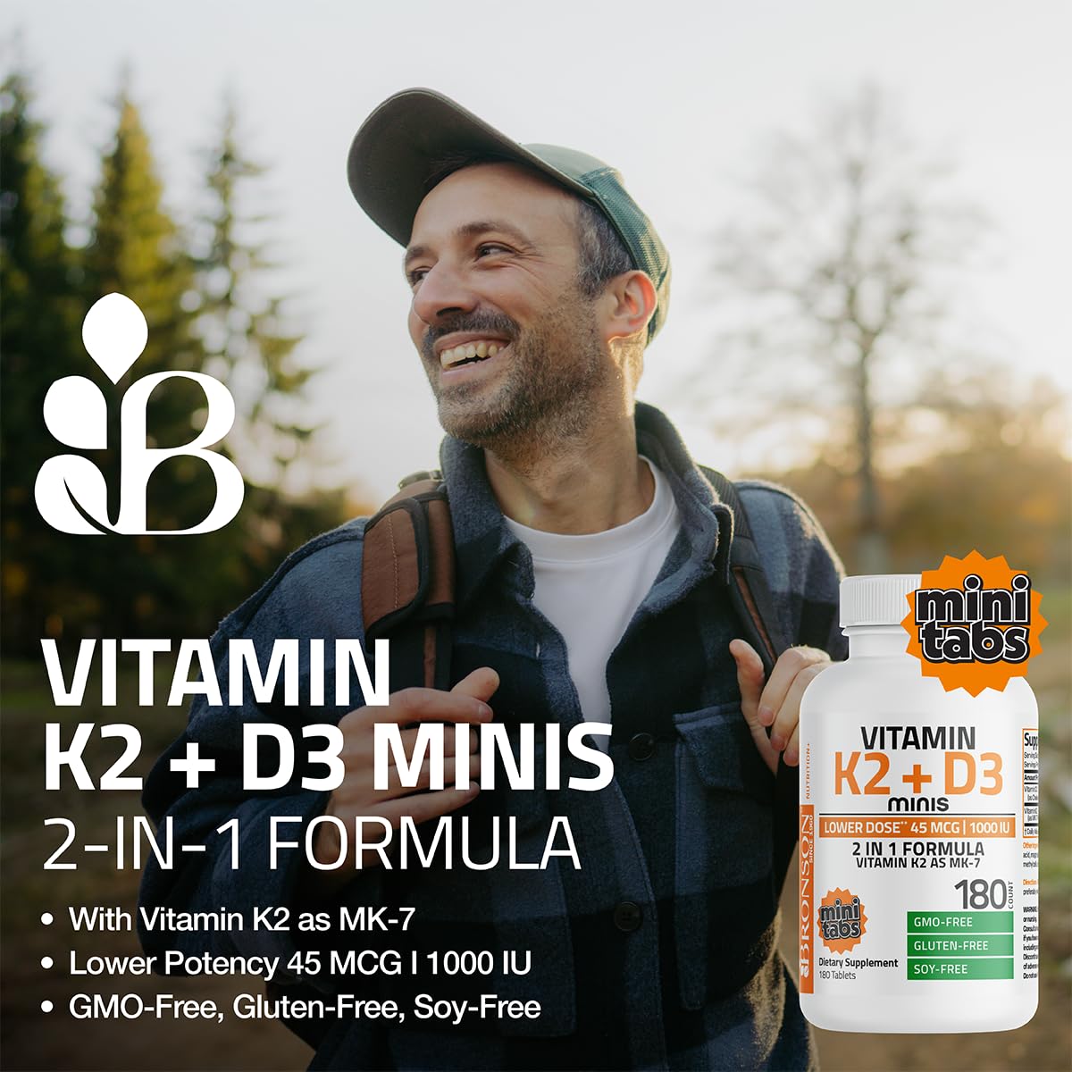 Bronson Vitamin K2 MK-7 with D3 Minis – 45 mcg K2, 1000 IU D3, 360 Mini Tablets