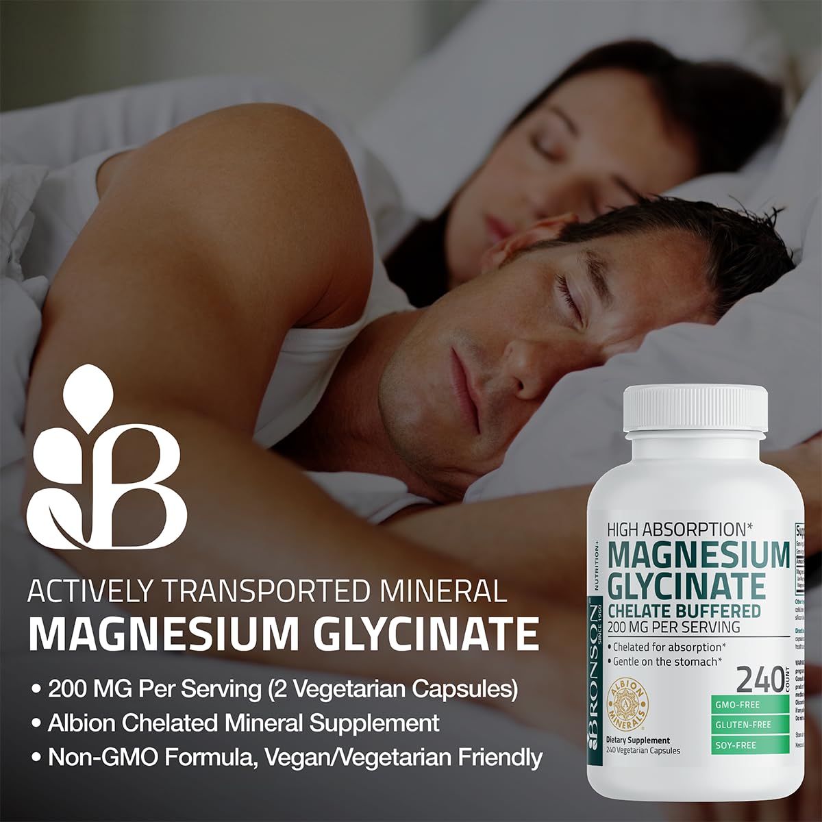 Bronson Magnesium Glycinate 200 mg – Chelated for High Absorption, Gentle on Stomach | Non-GMO, 120 Vegetarian Capsules