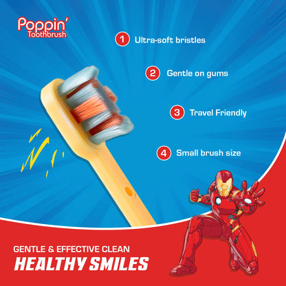 Brush Buddies Marvel Iron Man Kids Toothbrush | Soft Rounded Bristles & Poppin' Cap