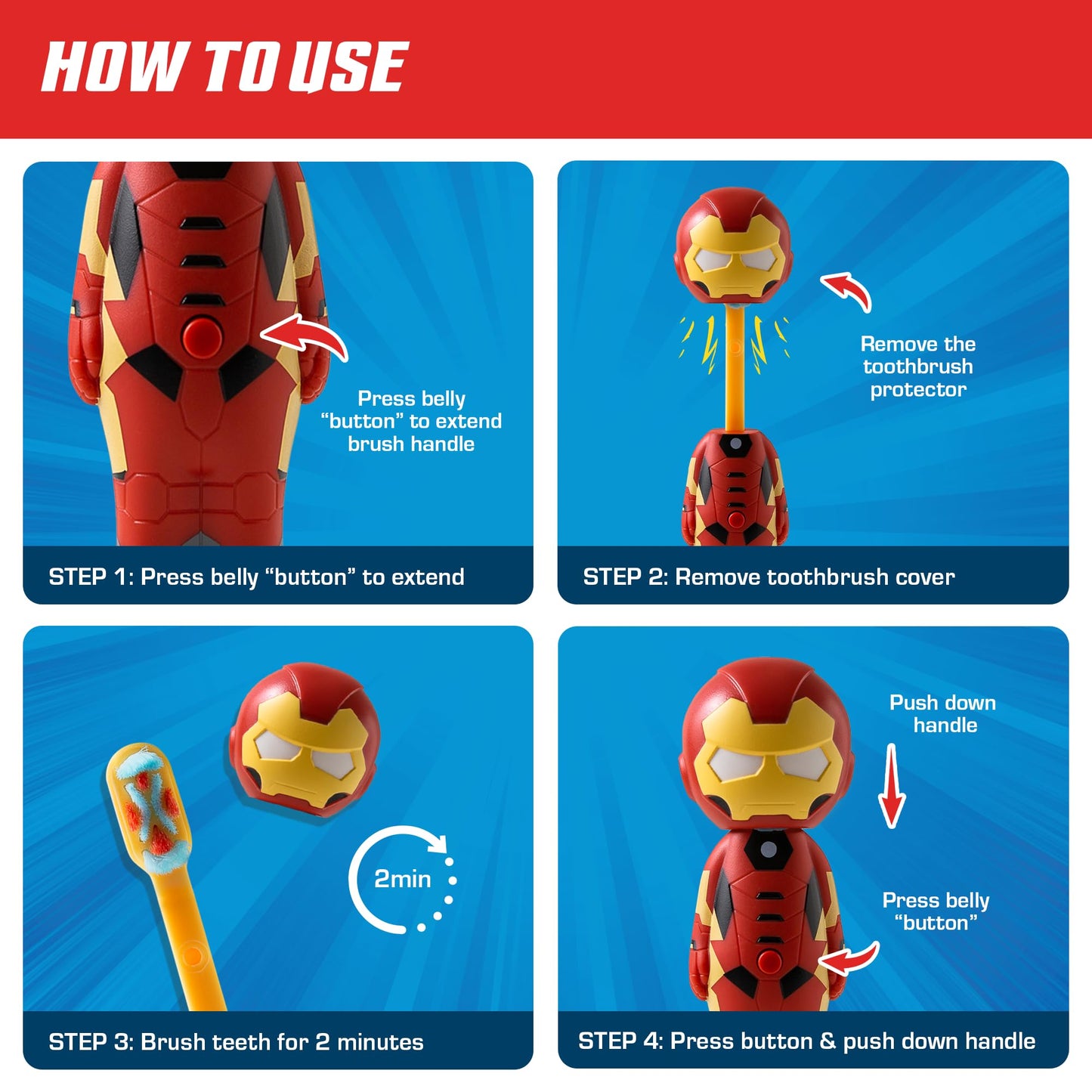 Brush Buddies Marvel Iron Man Kids Toothbrush | Soft Rounded Bristles & Poppin' Cap