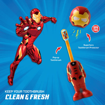 Brush Buddies Marvel Iron Man Kids Toothbrush | Soft Rounded Bristles & Poppin' Cap