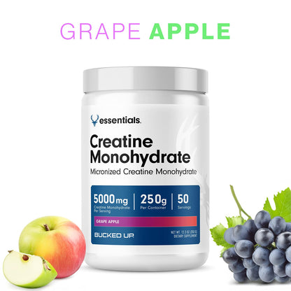 Bucked Up Grape Apple Creatine Monohydrate - 5g/Serving, 50 Servings, 250g - Made in USA
