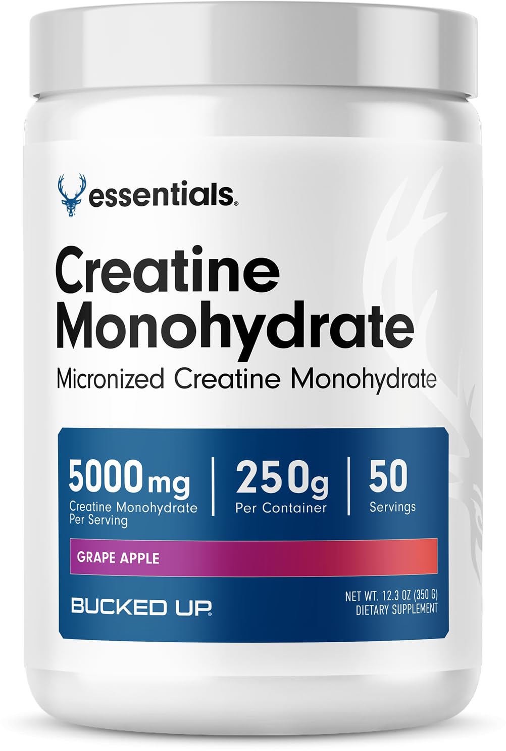 Bucked Up Grape Apple Creatine Monohydrate - 5g/Serving, 50 Servings, 250g - Made in USA